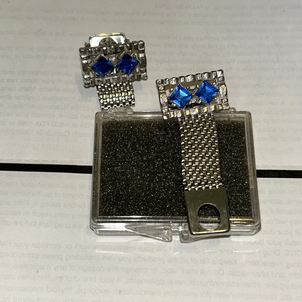 Vintage Silver Tone Men's Sapphire Blue Cufflink & Tie Tack Set - Unsigned